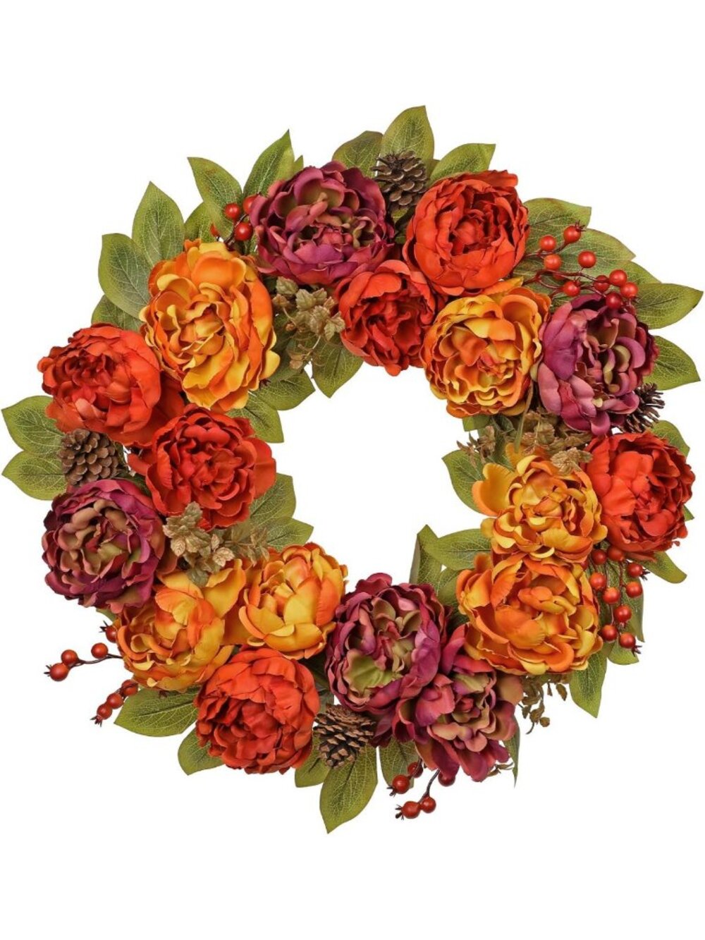 24" Artificial Fall Wreath - Peony, Maple Leaves & Berries, Perfect for Home
